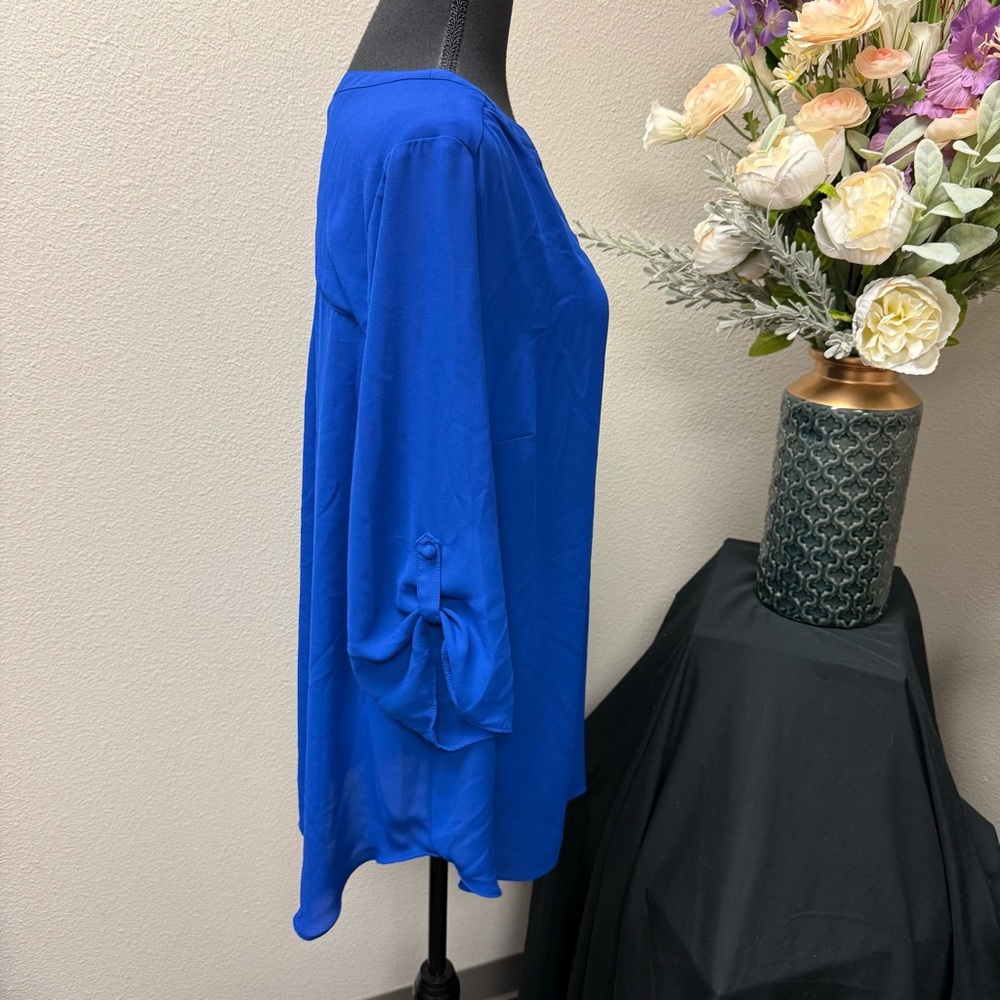 Worthington Woman 1X Royal Blue Split Neck Blouse 3/4 Sleeve Workwear Top - Picture 4 of 7